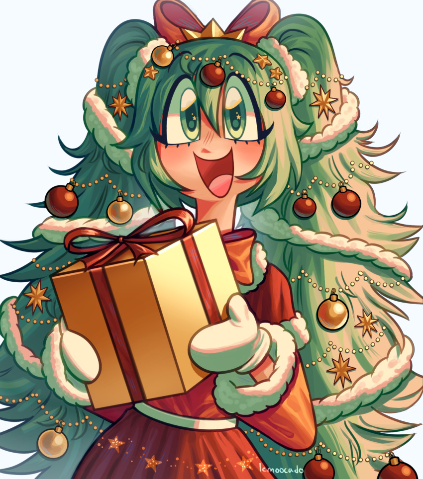 1girl beads blush bow box capelet christmas christmas_ornaments christmas_ornaments_in_hair christmas_present dress eyelashes fur-trimmed_capelet fur-trimmed_dress fur_trim garland_(decoration) gift gift_box green_eyes green_hair hair_beads hair_bow hair_ornament hatsune_miku highres holding long_hair looking_at_viewer mittens ocado7 open_mouth santa_costume santa_dress smile solo star_(symbol) star_hair_ornament twintails upper_body very_long_hair vocaloid