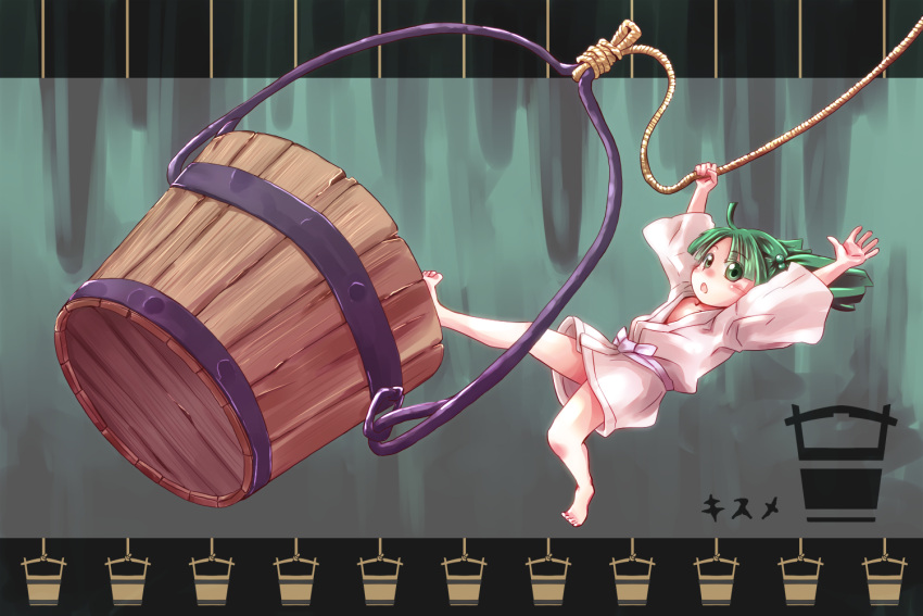 arms_up bare_legs barefoot bucket child falling green_eyes green_hair highres in_bucket in_container japanese_clothes kimono kisume letterboxed open_mouth rope solo touhou yafu yukata