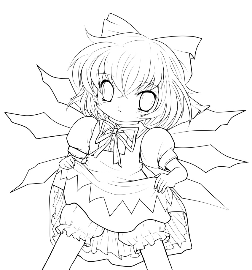 absurdres bow cirno dress dress_lift hair_bow highres lineart looking_at_viewer monochrome short_hair solo touhou transparent_background yume_shokunin