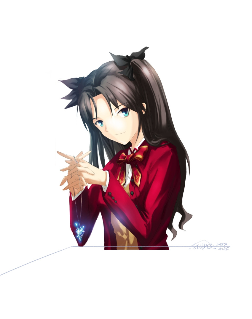 blue_eyes bow fate/stay_night fate_(series) hair_bow highres jewelry necklace pendant school_uniform stu_dts tohsaka_rin toosaka_rin twintails