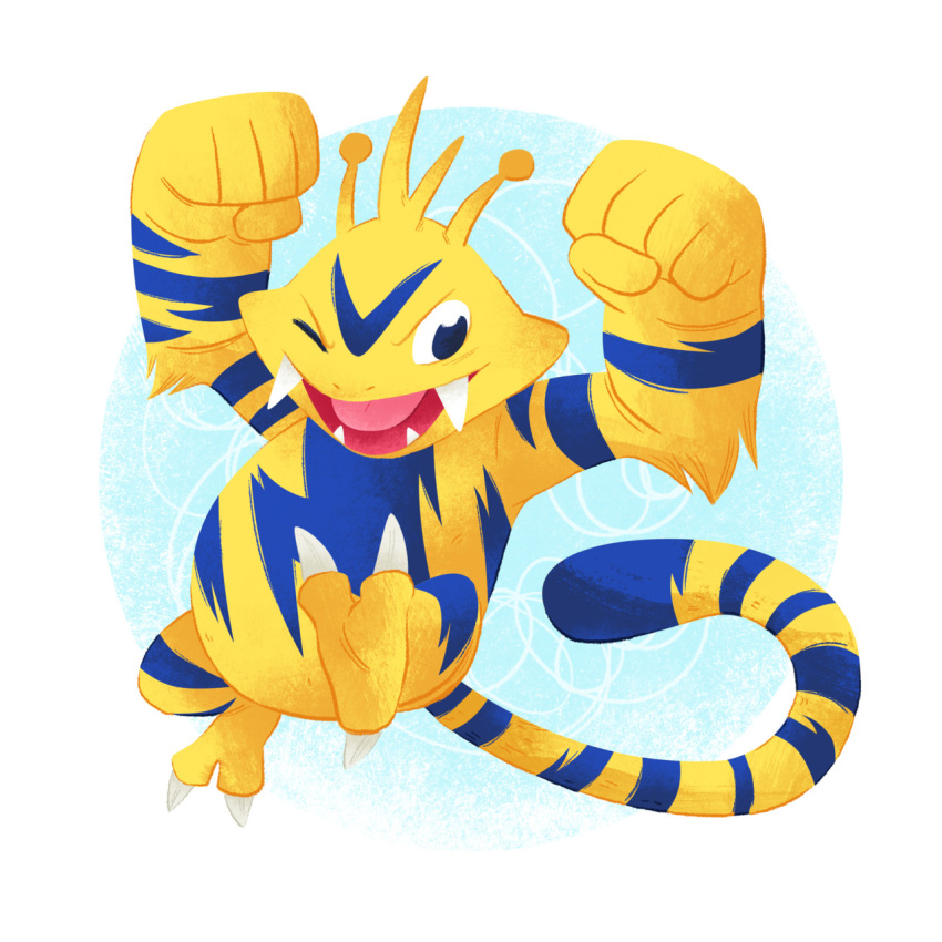 electabuzz fangs highres melanie_matthews no_humans open_mouth pokemon pokemon_(creature) simple_background solo white_background wink