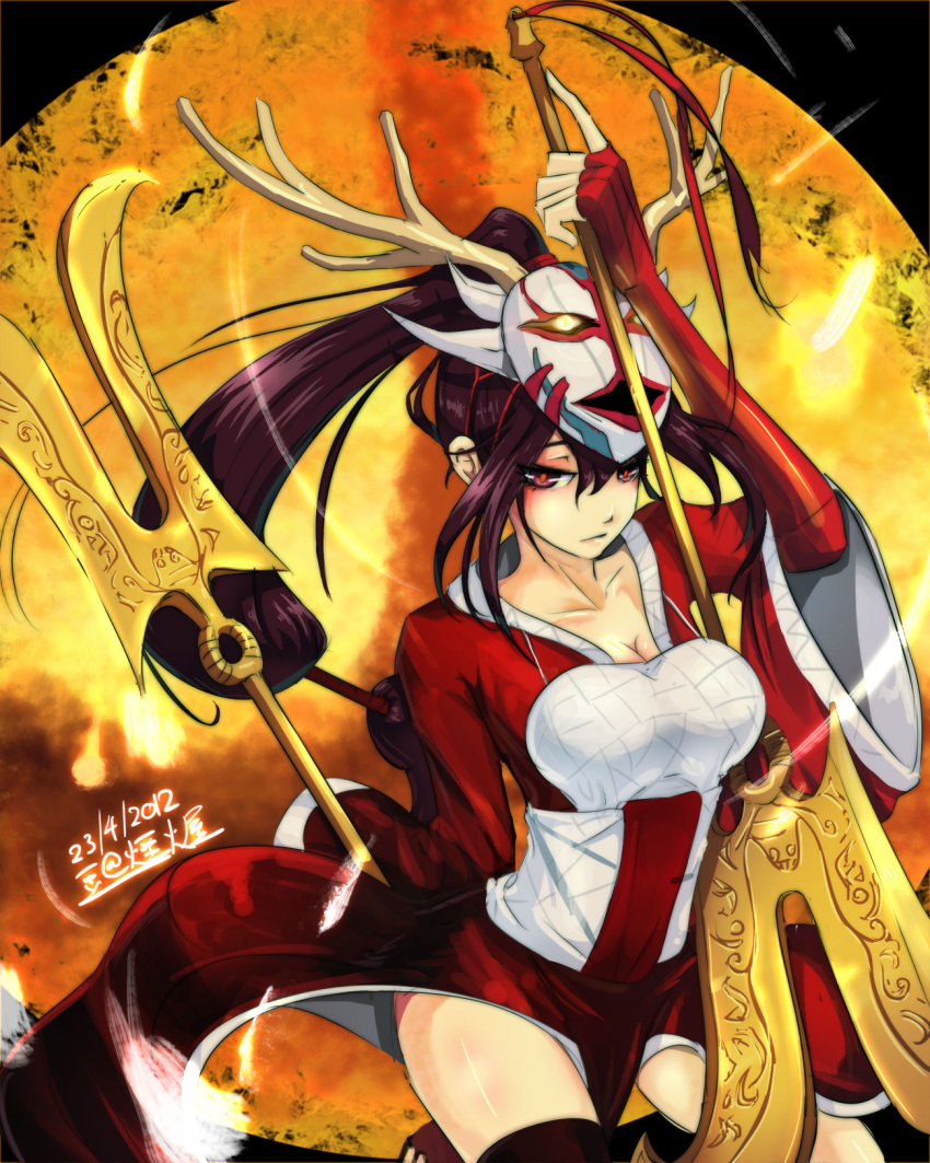 akali antlers beancurd black_hair black_legwear breasts cleavage highres league_of_legends long_hair mask ponytail red_eyes solo thigh-highs thighhighs weapon