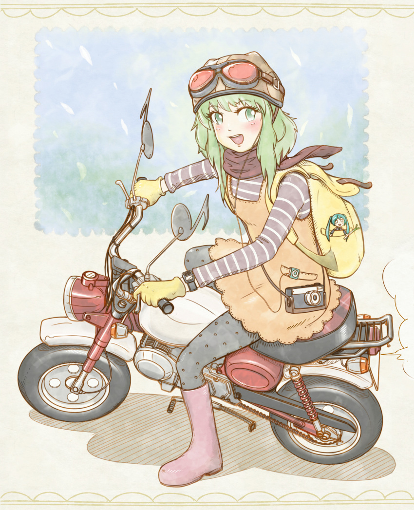 bag boots camera digital_media_player dress earphones goburin goggles green_eyes green_hair hatsune_miku highres ipod motor_vehicle motorcycle pantyhose rubber_boots scarf vehicle vocaloid