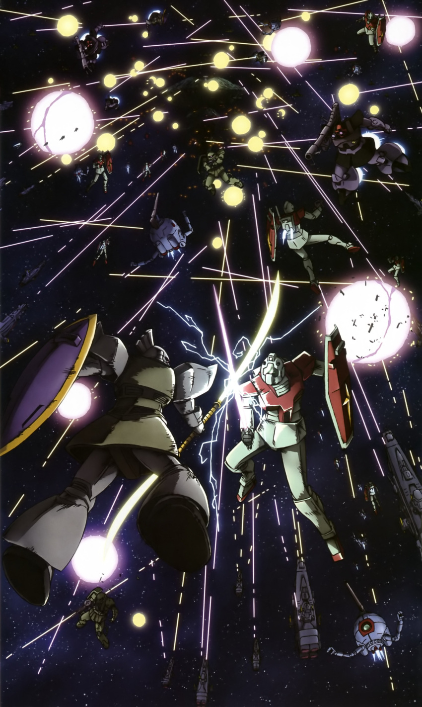 70s 80s absurdres ball_(gundam) battle earth_federation energy_sword epic explosion gelgoog gm_(mobile_suit) gundam highres laser mecha mobile_suit_gundam oldschool rick_dom science_fiction shield space star_(sky) sword weapon zaku zaku_ii zaku_ii_f/j zeon zero_gravity