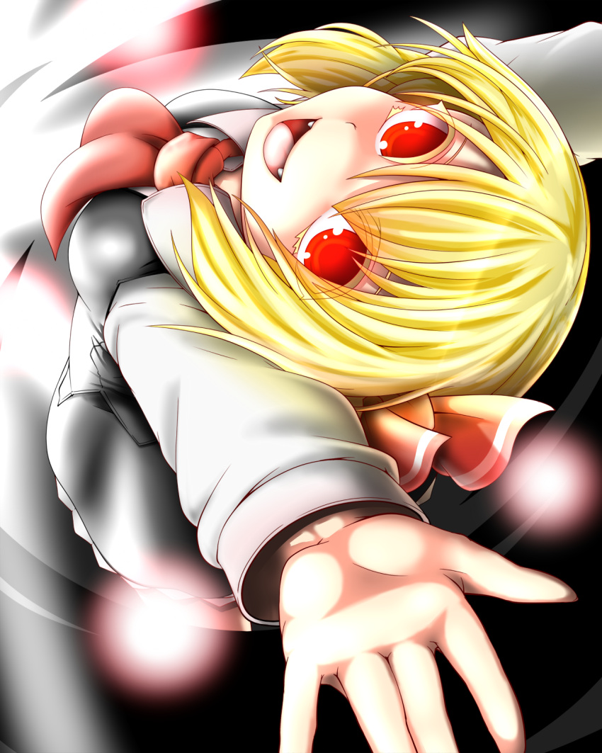 arms_up ascot blonde_hair colored_eyelashes darkness fangs ginku_mh hair_ribbon hands highres long_sleeves looking_back looking_up open_hand open_mouth red_eyes ribbon rumia short_hair skirt skirt_set smile solo touhou youkai