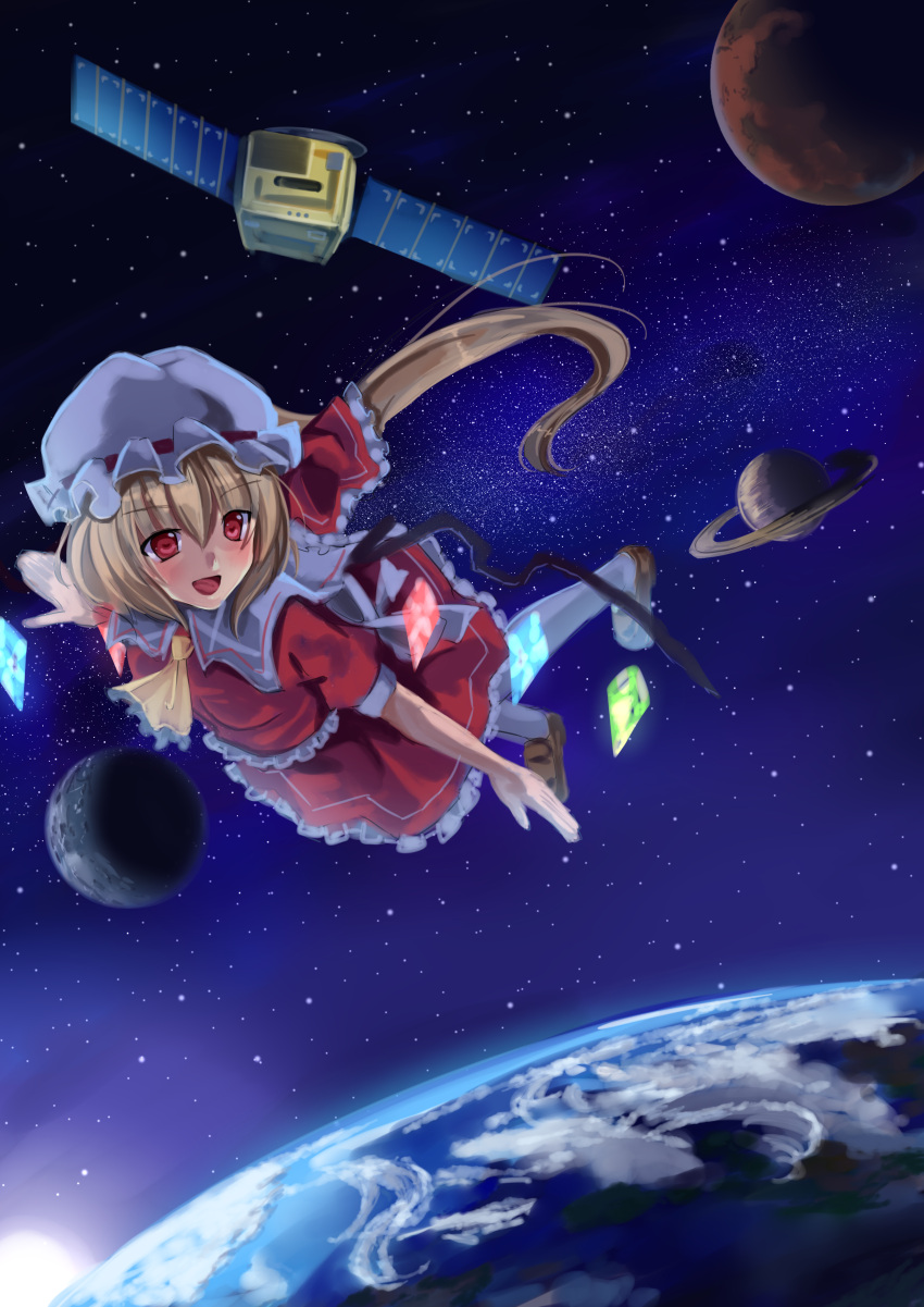 1girl absurdres ascot blonde_hair earth flandre_scarlet flying hat hat_ribbon highres lio looking_away mars milky_way mob_cap moon open_mouth outstretched_arm pantyhose red_eyes ribbon satellite saturn short_hair side_ponytail skirt skirt_set solo space star_(sky) sun touhou wings