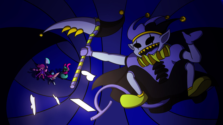 1girl 1other 2019 2boys 2d ambiguous_gender animal_ears anthro armlet armor armored_boots axe barefoot battle black_armlet black_background black_boots black_cape black_fur black_hat black_jacket black_sclera blue_hair blue_skin blue_tongue body_fur bodysuit boots cape colored_sclera colored_skin colored_teeth colored_tongue commentary dark dark_background deltarune digital_media droopy_ears english_commentary fangs female floppy_ears from_above furry furry_male gallifreyanpal gauntlets glasses glowing goat goat_boy green_hat green_robe green_shoes hair_over_eyes hat holding holding_axe holding_scythe holding_sword holding_weapon horns human humanoid imp jacket jester jester_cap jester_costume jevil kris_(dark_world)_(deltarune) kris_(deltarune) lizard lizard_girl lizard_tail long_hair long_sleeves male monster monster_girl multiple_boys neck_ruff pants pink_hair pink_scarf pink_skin pointy_ears purple_hat purple_pants ralsei ralsei_(hat) reptile reptile_girl reptile_tail robe round_eyewear scalie scarf scythe sharp_teeth shoes short_hair simple_background sleeveless sleeveless_jacket slit_pupils solo_focus spiked_armlet susie_(dark_world)_(deltarune) susie_(deltarune) sword tail teeth tongue tongue_out two-tone_hat utdr_(toby_fox) weapon wizard_hat yellow_sclera yellow_teeth