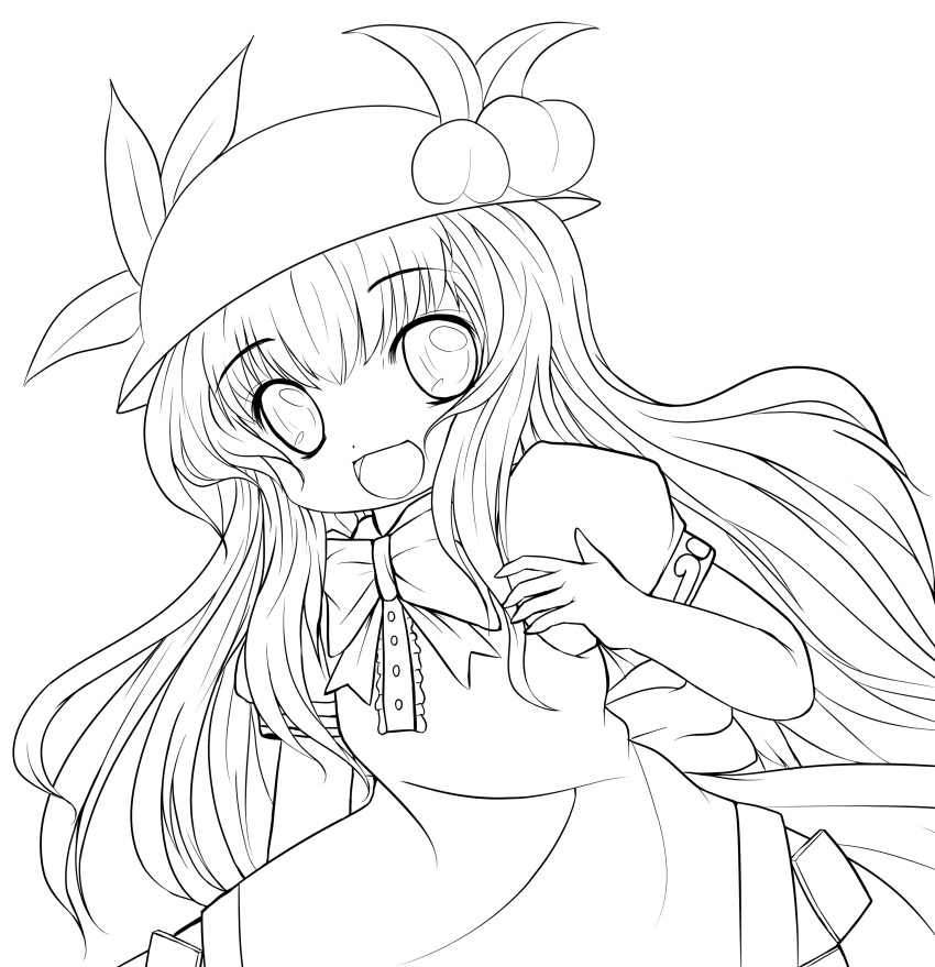 absurdres highres hinanawi_tenshi lineart long_hair looking_at_viewer monochrome open_mouth smile solo touhou transparent_background yume_shokunin