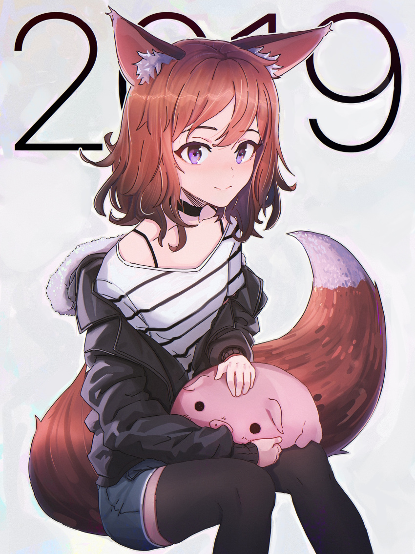 1girl 2019 animal animal_ears blush closed_mouth commentary_request fox_ears fox_tail highres jacket long_sleeves looking_at_viewer mark_simonov open_clothes orange_hair original pig russian_commentary short_hair shorts simple_background sitting smile tail thigh-highs violet_eyes white_background zettai_ryouiki