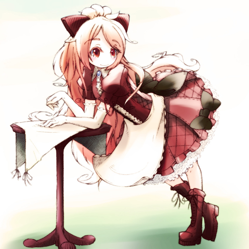 animal_ears blonde_hair boots bow colored elbow_gloves gloves highres long_hair maid ninetales okerabi_asura personification pokemon red_eyes smile solo table vulpix yume_shokunin