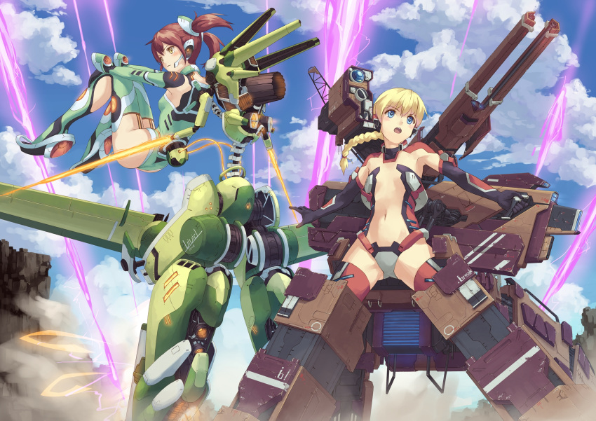 ass battle blonde_hair blue_eyes bodysuit braid brown_hair cannon eichisu exoskeleton flat_chest headset highres mecha_musume multiple_girls original power_armor quarterly_pixiv_9_original short_twintails twintails yellow_eyes