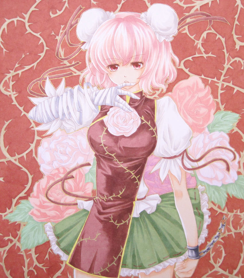:o absurdres acrylic_paint_(medium) bandage bandages breasts chain chains clenched_hand double_bun dress_shirt eyelashes finger_to_mouth flower hair_bun highres ibaraki_kasen looking_at_viewer marker_(medium) millipen_(medium) pink_eyes pink_hair pink_rose puffy_sleeves red_background ribbon rose shackle shirt short_hair short_sleeves skirt solo tabard thorns touhou traditional_media w0ru