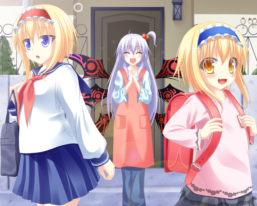 :d :o alice_margatroid alice_margatroid_(pc-98) anni_minto apron backpack bag blonde_hair blue_eyes blush closed_eyes dual_persona fang goddess hair_bobbles hair_ornament hands_clasped lavender_hair long_hair multiple_girls open_mouth randoseru school_uniform shinki short_hair side_ponytail smile time_paradox touhou touhou_(pc-98) wings yellow_eyes