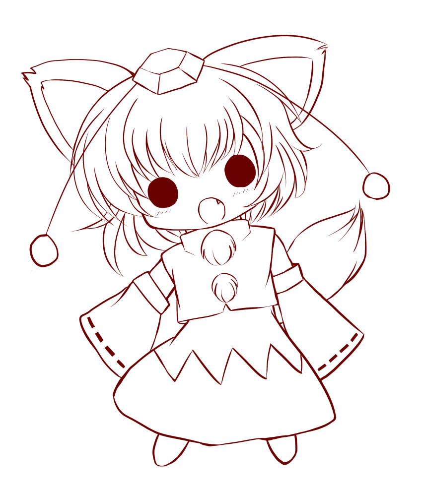 absurdres animal_ears chibi fang highres inubashiri_momiji lineart looking_at_viewer monochrome open_mouth short_hair solid_circle_eyes solo tail touhou transparent_background wolf_ears wolf_tail yume_shokunin