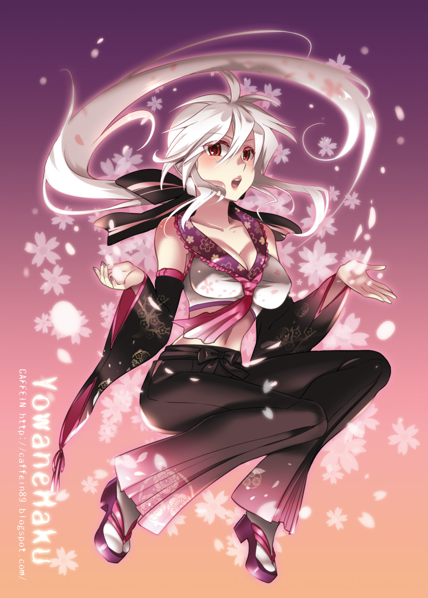 adapted_costume ascot blush bow breasts caffein character_name cherry_blossoms cleavage detached_sleeves gradient gradient_background hair_bow highres navel open_mouth ponytail red_eyes sandals silver_hair solo vocaloid voyakiloid watermark web_address wide_sleeves yowane_haku