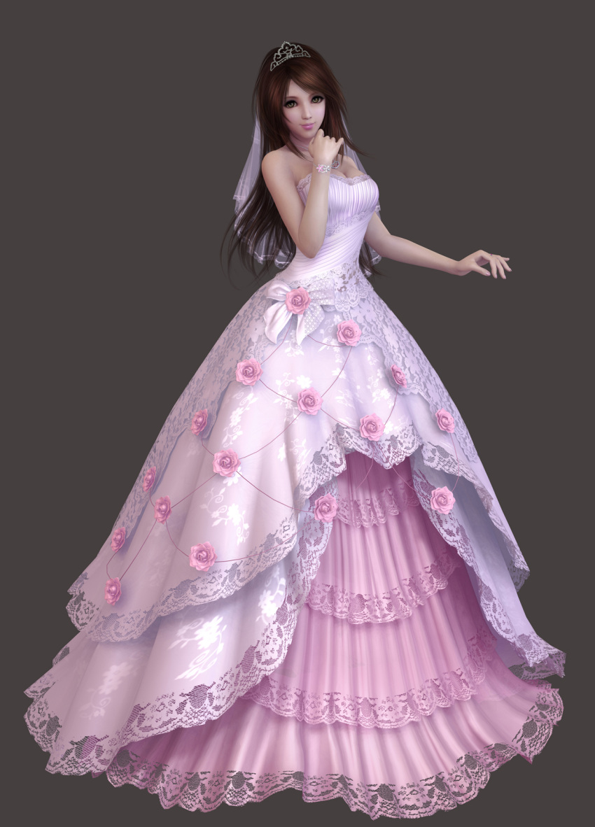 bare_shoulders breasts copyright_request dress flower highres large_breasts rose tiara wedding_dress znz
