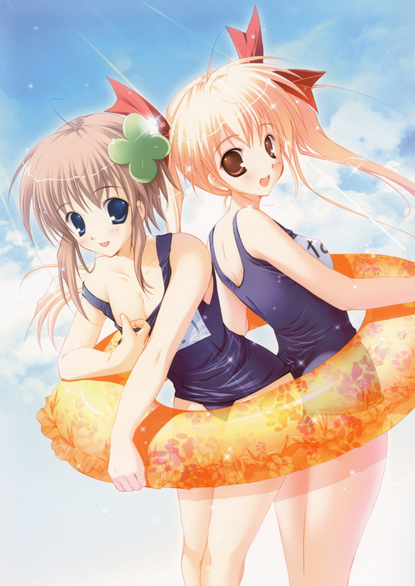 :p absurdres blonde_hair blue_eyes breasts brown_eyes brown_hair cleavage company_connection crossover hair_ornament highres innertube konneko marmalade_(company) mikeou minamino_nanami miraroma multiple_girls school_swimsuit swimsuit swimsuit_pull takahara_ai tongue twintails