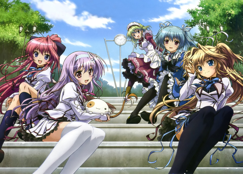 5girls amaha_miu angelina_nanatsu_sewell black_legwear blue_eyes blue_hair bow braid cat green_hair hand_in_hair headband inui_sana lavender_hair long_hair maid mashiroiro_symphony outdoors pannya ponytail ribbons seifuku sena_airi shoes short_skirt sitting skirt smile steps thigh-highs thighhighs twintails uryu_sakuno uryuu_sakuno white_legwear white_thigh-highs zettai_ryouiki