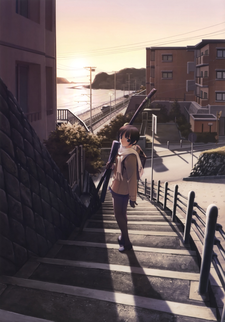 absurdres building coat highres ichinose_mio landscape pantyhose power_lines railing railroad_tracks scarf stairway stone_wall sunset wall white_breath