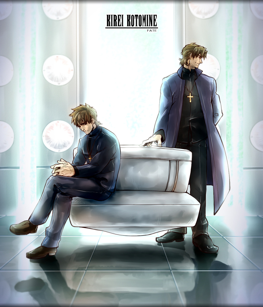 2boys akei brown_eyes brown_hair cross cross_necklace dual_persona fate/stay_night fate/zero fate_(series) final_fantasy final_fantasy_xiii highres jewelry kotomine_kirei multiple_boys necklace parody young