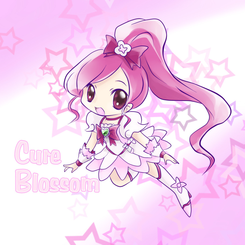 character_name cure_blossom hanasaki_tsubomi heartcatch_precure! highres long_hair looking_at_viewer magical_girl open_mouth pink_eyes pink_hair ponytail precure ribbon smile solo wrist_cuffs yume_shokunin