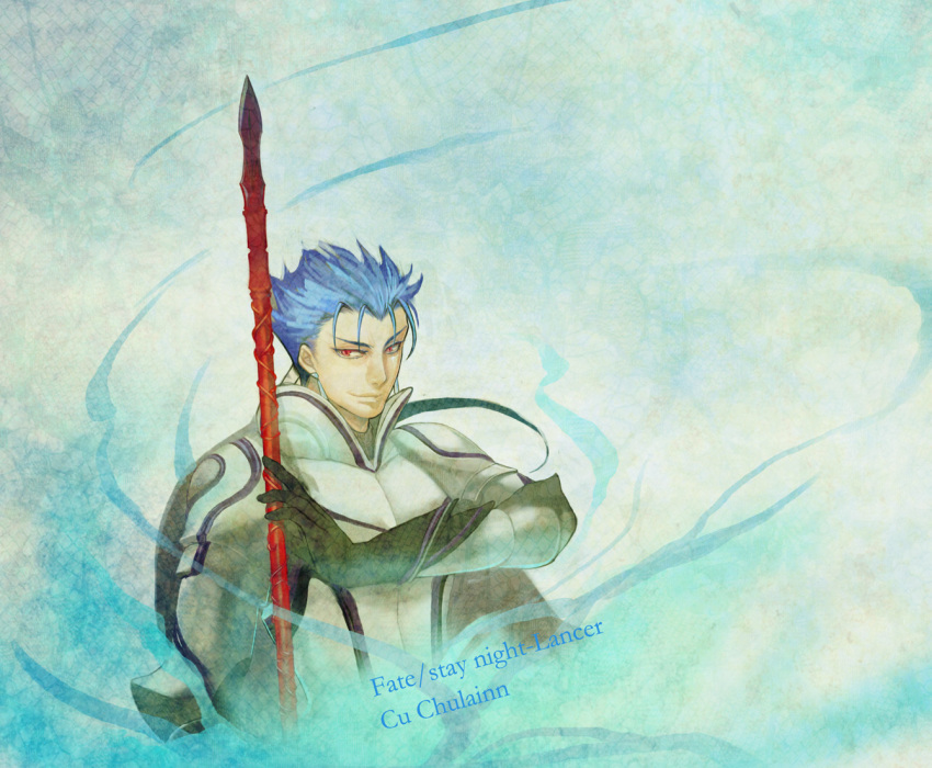armor blue_hair character_name cosplay cu_chulainn_(megami_tensei) cu_chulainn_(megami_tensei)_(cosplay) earrings fate/stay_night fate_(series) gae_bolg jewelry jun_(ash) lancer long_hair male namesake polearm ponytail red_eyes shin_megami_tensei solo spear title_drop weapon