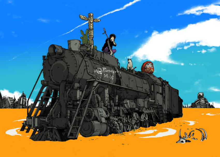 cactus cat cow_skull daruma_doll desert drink gun locomotive makkamu male original rifle ruins siamese_cat skeleton sky solo steam_locomotive totem_pole train weapon