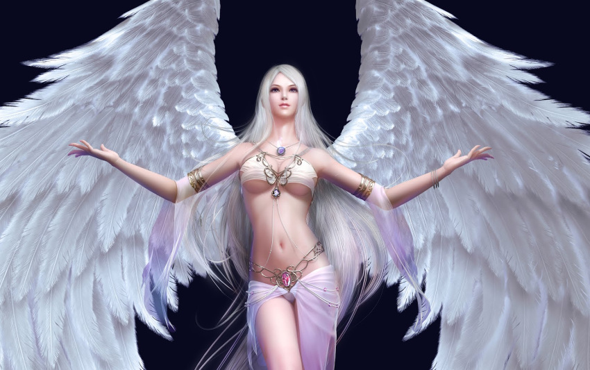 3d angel anklet bikini blonde_hair breasts cleavage copyright_request forsaken_world highres jewelry jpeg_artifacts long_hair midriff navel necklace outstretched_arms parted_lips see-through sillia solo swimsuit under_boob underboob wings znz