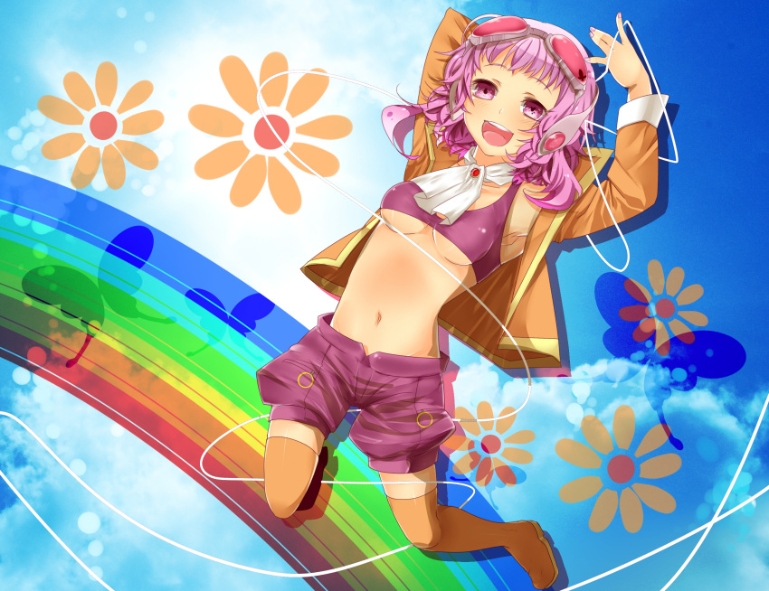 alternate_color alternate_hair_color blush breasts butterfly flower flowers goggles goggles_on_head gumi headphones highres jacket jumping megpoid_(vocaloid3) midriff navel open_mouth piku2 piku_(pikumin) piku_(rilaedo) pink_eyes pink_hair purple_eyes purple_hair rainbow short_hair shorts skirt smile solo thighhighs underboob violet_eyes vocaloid