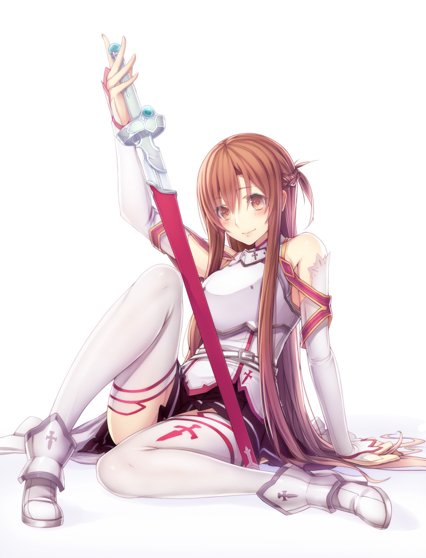 arm_support armor asuna_(sao) bare_shoulders blush brown_eyes brown_hair detached_sleeves high_heels highres leg_up legs long_hair long_legs shoes sitting smile solo steelleets sword sword_art_online thigh-highs thighhighs thighs weapon white_background white_legwear yuuki_asuna