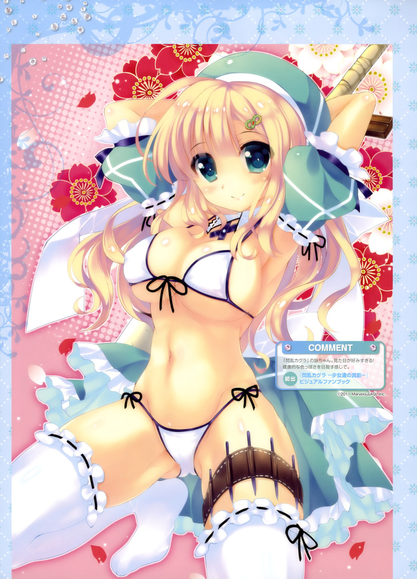 absurdres ariko_youichi armpits arms_up bikini blonde_hair breasts character_request cleavage dengeki_moeou detached_sleeves front-tie_top garters green_eyes hat highres large_breasts looking_at_viewer navel needle scan senran_kagura side-tie_bikini smile solo squatting string_bikini swimsuit thigh-highs thigh_strap thighhighs white_bikini white_legwear yomi_(senran_kagura)