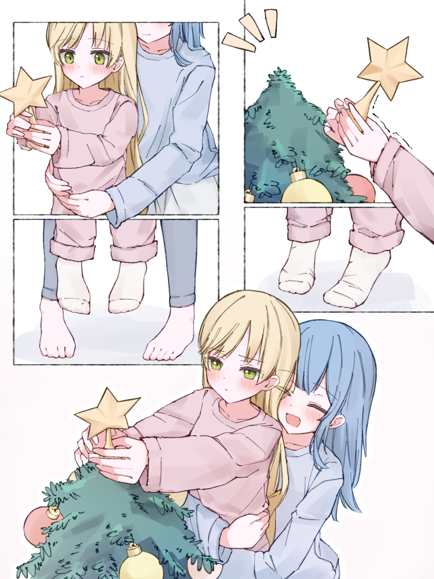 2girls barefoot blonde_hair blue_hair blush christmas christmas_ornaments christmas_tree commentary_request feet hair_down highres hug lifting_person long_hair mahou_shoujo_no_majo_saiban missing_headwear multiple_girls nekobanana_(m23453456) no_shoes socks tachibana_sherry toes tono_hanna white_socks yuri