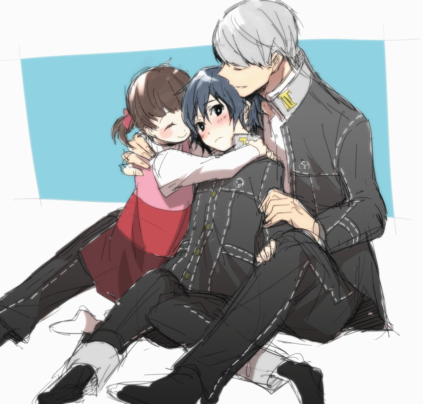 2girls androgynous bad_id blue_eyes blue_hair blush brown_eyes brown_hair child closed_eyes crossdressinging doujima_nanako dress eyes_closed grey_eyes grey_hair group_hug hair_between_eyes hair_decs hug jacket looking_at_viewer moroheso multiple_girls narukami_yuu pants persona persona_4 reverse_trap school_uniform shirogane_naoto shoes short_hair short_twintails sitting smile socks sweater tomboy twintails