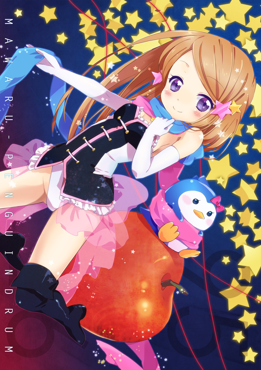 absurdres apple bird boots brown_hair food fruit hair_ornament highres holding knee_boots leotard long_hair looking_at_viewer mawaru_penguindrum penguin penguin_3-gou purple_eyes sakuro scarf smile smle star takakura_himari title_drop violet_eyes