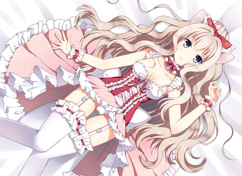 animal_ears blue_eyes blush bow breasts brown_hair cat cat_ears cleavage corset dress frown garter_straps hair_bow long_hair lying mauve on_back original panties personification ribbon solo thigh-highs thighhighs underwear white_legwear white_panties wrist_cuffs