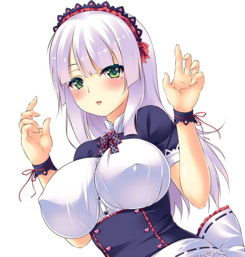 apron blush bow breasts bust buttons corset erect_nipples green_eyes green_hair hair_bow hands_up heart highres impossible_clothes impossible_shirt iroha_(unyun) large_breasts long_hair looking_at_viewer maid maid_headdress mole open_mouth original ribbon silver_hair simple_background solo waist_apron white_background wrist_cuffs wrist_ribbon