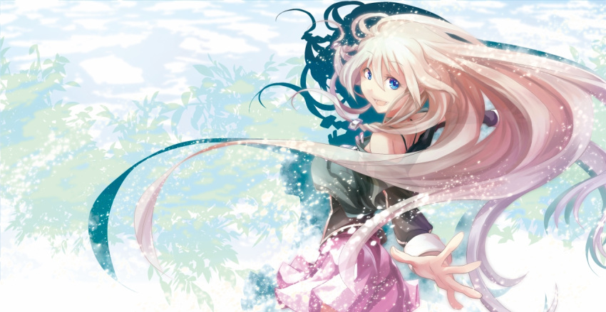 black_bra blonde_hair blue_eyes bra braid down_blouse hair_ornament ia_(vocaloid) k2pudding lingerie long_hair off_shoulder open_mouth original outstretched_arms shirt silhouette skirt smile solo turning underwear vocaloid