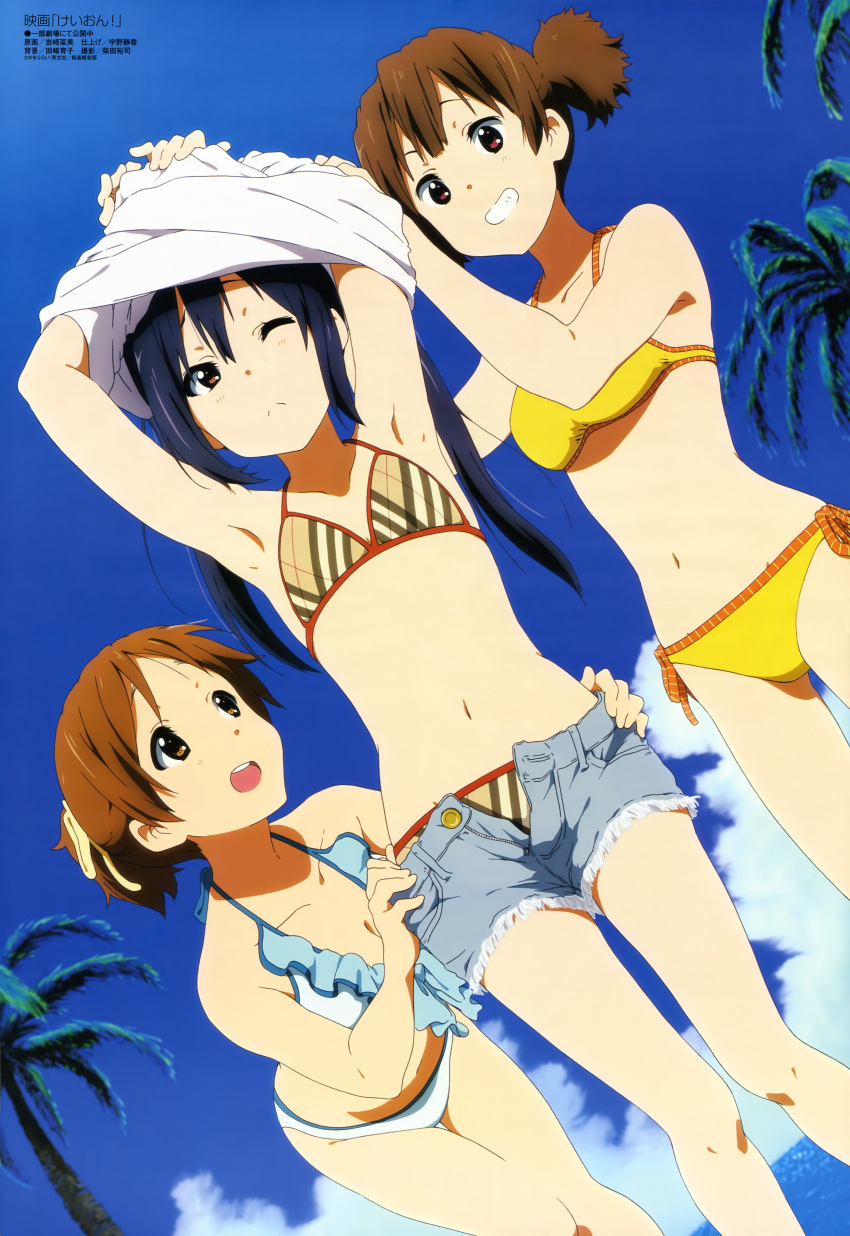 absurdres armpits arms_up bikini black_eyes black_hair breasts brown_eyes brown_hair cleavage cloud clouds collarbone denim denim_shorts flat_chest frown grin highres hirasawa_ui iwasaki_nami k-on! k-on!_movie megami multiple_girls nakano_azusa navel official_art open_fly open_mouth palm_tree ponytail scan short_twintails shorts side-tie_bikini sky smile suzuki_jun swimsuit tree twintails undressing unzipped water wink