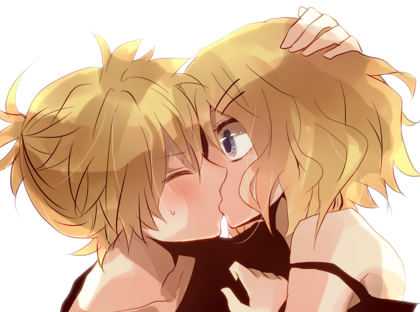 blue_eyes blush closed_eyes hairclip hakuri_(rihoo) hand_on_another's_head incest kagamine_len kagamine_rin kiss ponytail simple_background surprise_kiss vocaloid white_background