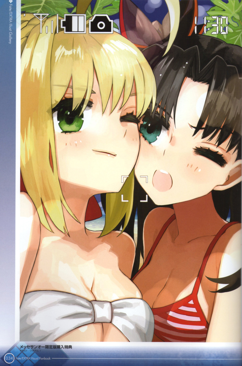 absurdres ahoge annoyed beach bikini black_hair blonde_hair bow breasts camera cleavage fate/extra fate/stay_night fate_(series) green_eyes highres leaf looking_at_viewer multiple_girls nero_claudius_(fate) nero_claudius_(fate)_(all) open_mouth saber saber_extra scan scenery swimsuit swimsuit tohsaka_rin toosaka_rin twintails type-moon wada_aruko wink
