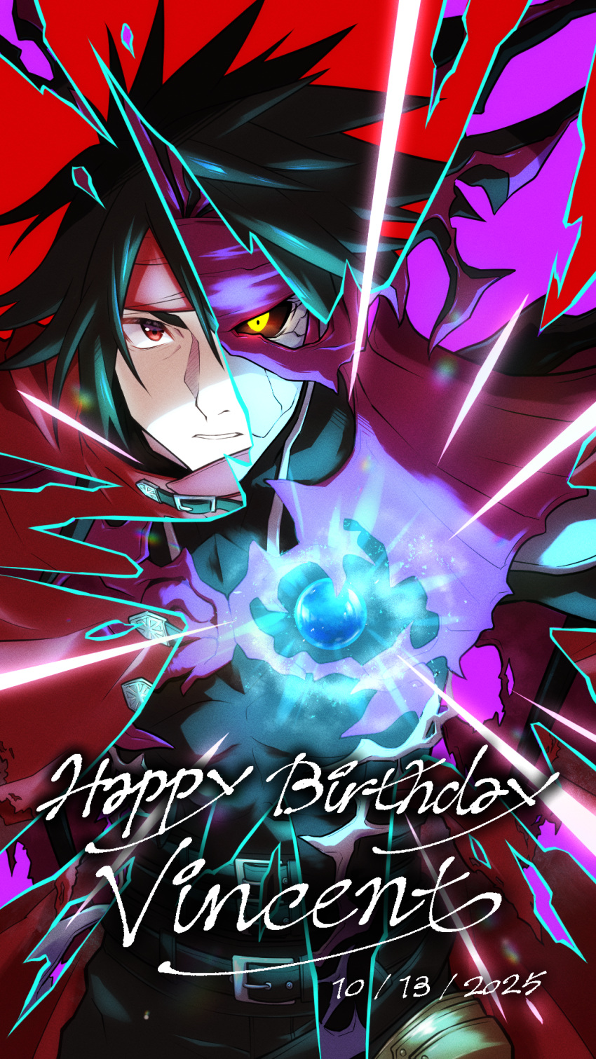 1boy birthday black_hair character_name cloak commentary_request dated final_fantasy final_fantasy_vii final_fantasy_vii_rebirth final_fantasy_vii_remake hair_between_eyes happy_birthday headband highres long_hair looking_at_viewer male_focus parted_lips red_cloak red_eyes red_headband solo spiky_hair star_klef torn_cloak torn_clothes transformation upper_body vincent_valentine yellow_eyes