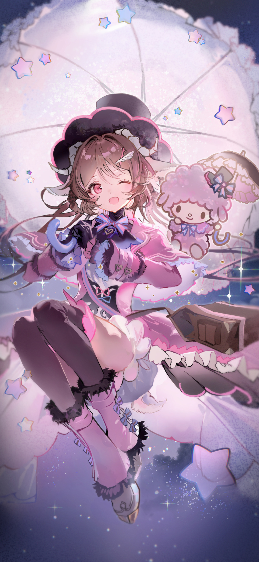 1girl absurdres animal_ears anmi arknights black_gloves black_hat black_thighhighs blue_bow blue_bowtie bow bowtie brown_hair capelet commentary_request dress eyjafjalla_(arknights) eyjafjalla_(fluffy_little_witch)_(arknights) full_body gloves hair_spread_out happy_birthday hat highres holding holding_umbrella hooves horns long_hair long_sleeves looking_at_viewer my_melody_(series) my_sweet_piano official_alternate_costume one_eye_closed open_mouth parasol pink_bow pink_bowtie pink_capelet pink_dress pink_eyes sanrio sheep_ears sheep_girl sheep_horns smile star_(symbol) textless_version thigh-highs top_hat two-tone_bow two-tone_bowtie umbrella