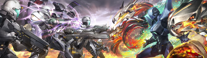 ario arm_cannon armor assault_visor confrontation full_armor galactic_federation_trooper glowing helmet highres legacy_suit metroid metroid_prime_4:_beyond myles_mackenzie neon_trim nora_armstrong power_armor samus_aran science_fiction shoulder_armor shoulder_spikes spikes sylux_(metroid) weapon