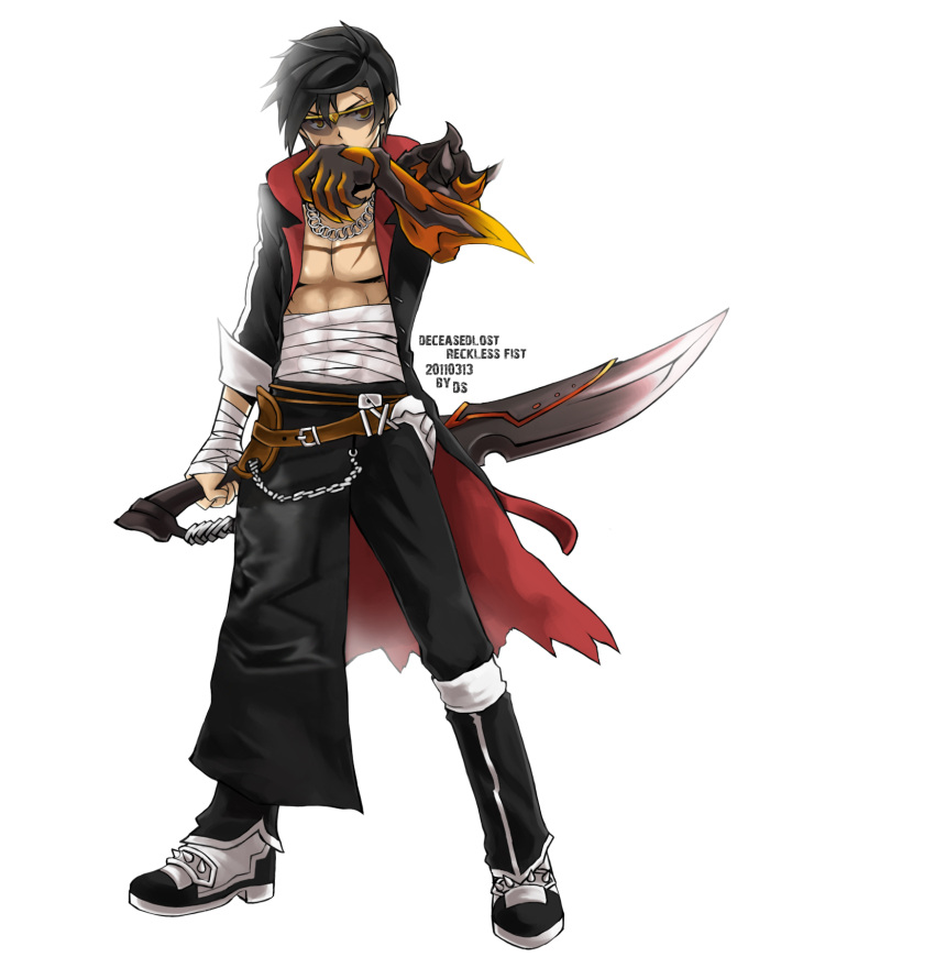 1boy 2011 alternate_costume asymmetrical_clothes bandages black_hair coat dated elsword glasses highres ivy60530 jewelry male necklace pants raven_(elsword) reverse_grip sarashi scar shirtless shoes solo sword weapon white_background