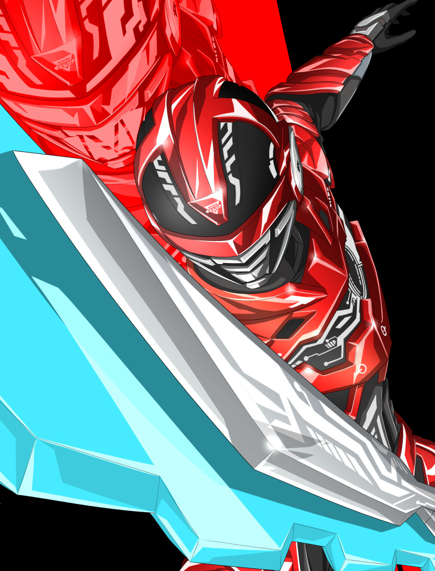 1boy absurdres armor armored_bodysuit black_bodysuit bodysuit character_mask chou_uchuu_keiji_gavan_infinity combat_helmet commentary_request full_armor gavan_infinity gavarion_blade giga_hamster helmet highres holding holding_sword holding_weapon male_focus mask red_armor red_bodysuit red_helmet science_fiction solo sword tokusatsu weapon