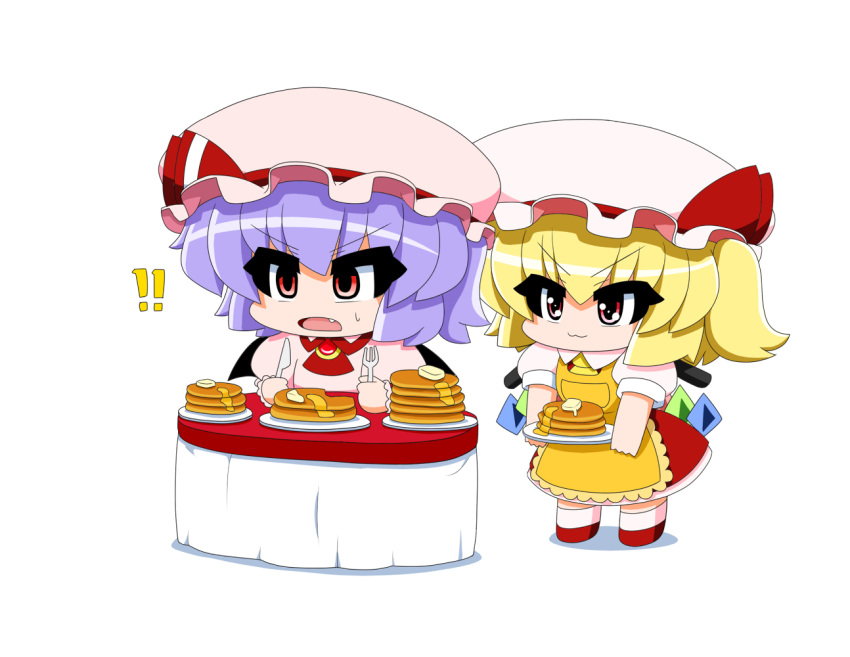 &gt;:3 :3 :o apron ascot bat_wings blonde_hair blue_hair brooch chibi dress fang feeding flandre_scarlet food fork hat hat_ribbon jewelry knife multiple_girls open_mouth pancake pink_dress plate red_dress red_eyes remilia_scarlet ribbon short_hair siblings side_ponytail sisters stacking table touhou transparent_background wings yamato_damashi