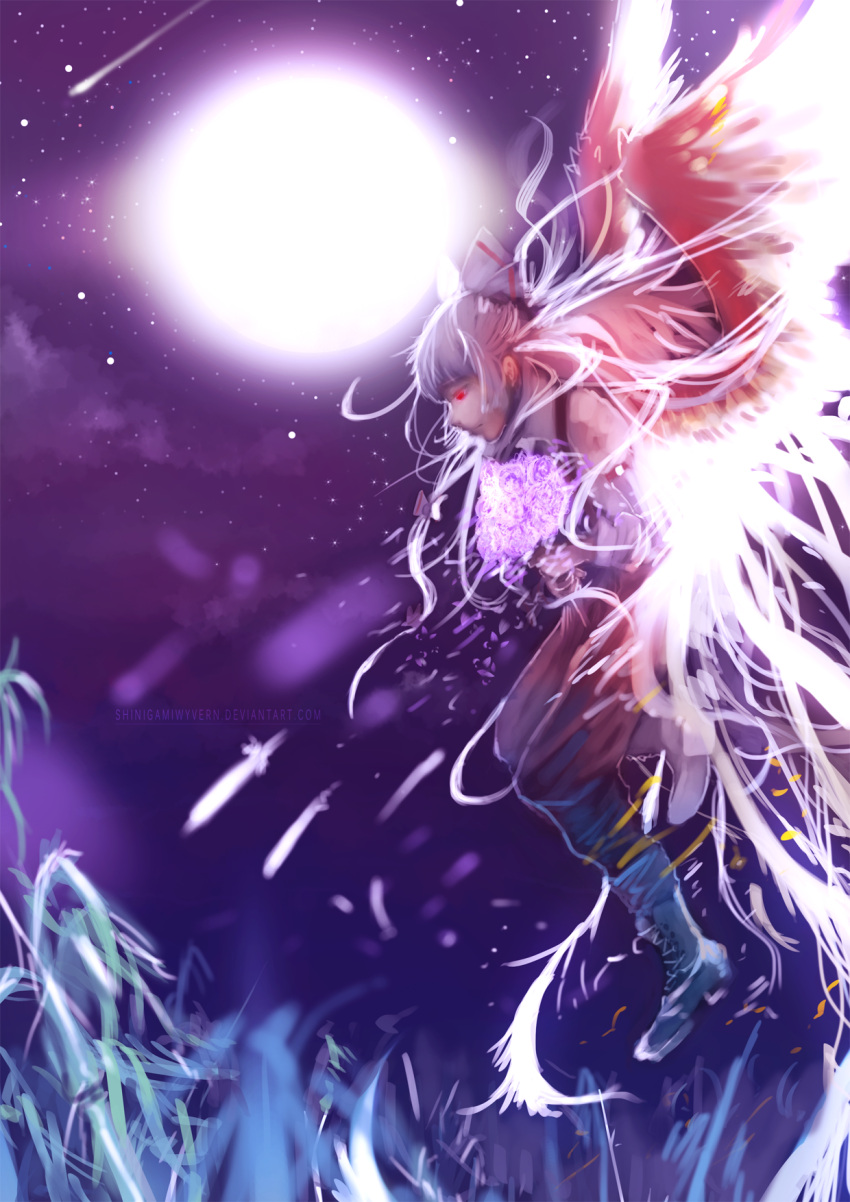 boots bouquet bow cross-laced_footwear feathered_wings feathers flower fujiwara_no_mokou full_moon hair_bow highres moon moonlight night profile red_eyes sad shinigamiwyvern shooting_star sky solo star_(sky) starry_sky touhou watermark web_address white_hair wings