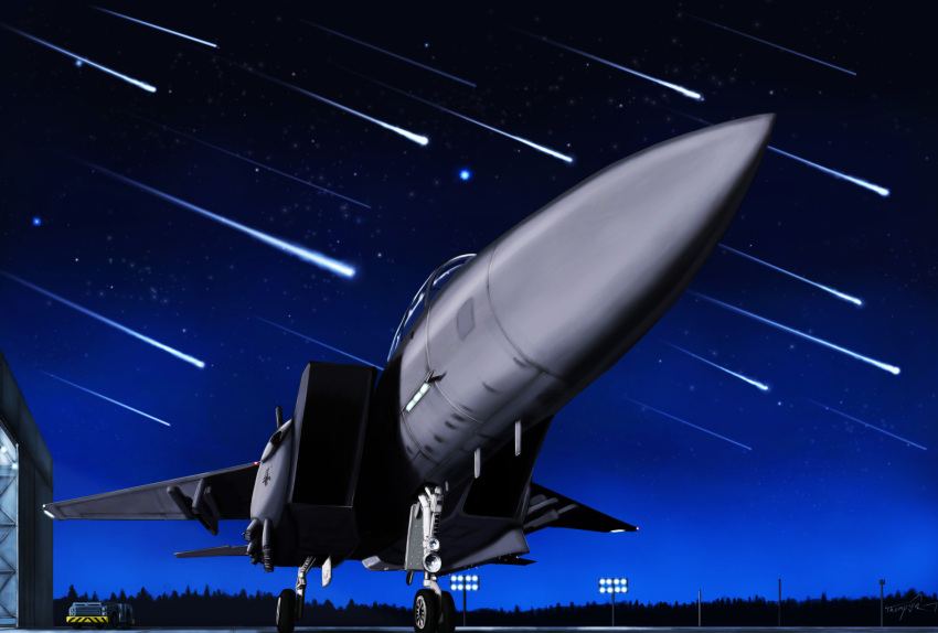 ace_combat_6 airplane f-15 fighter_jet from_below hangar highres jet night night_sky no_humans perspective shooting_star sky star_(sky) starry_sky thompson