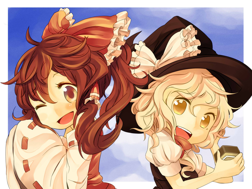 bad_id blonde_hair bow brown_eyes brown_hair detached_sleeves hair_bow hakurei_reimu hat highres hisui_(kimochi) kirisame_marisa long_hair miko mini-hakkero multiple_girls open_mouth short_hair touhou wide_sleeves wink witch witch_hat yellow_eyes