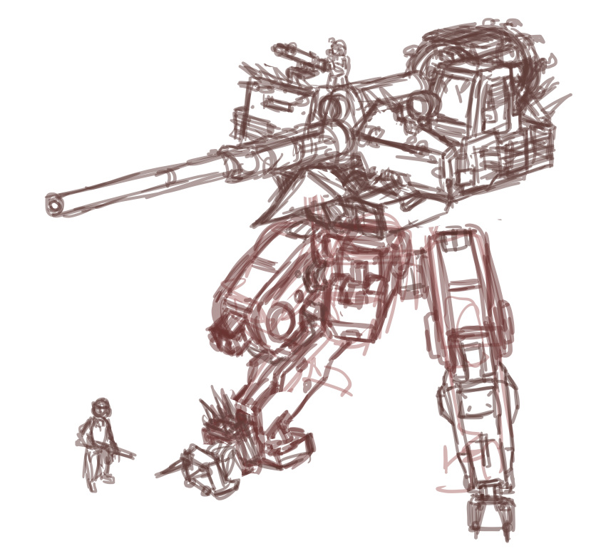 2boys absurdres cannon girls'_frontline_2:_exilium girls_frontline gun highres machine_gun mecha multiple_boys robot sketch user074519 varjagers_(girls'_frontline_2) weapon white_background
